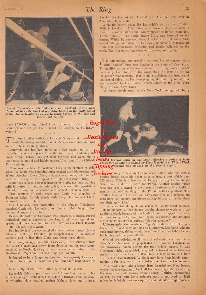 Boxing News Clipping #458 - Chuck Hunter vs. Artie Levine, Jimmy Carollo vs. Tami Mauriello, Eddie Eagan, Rocky Graziano, Whitey Bimstein