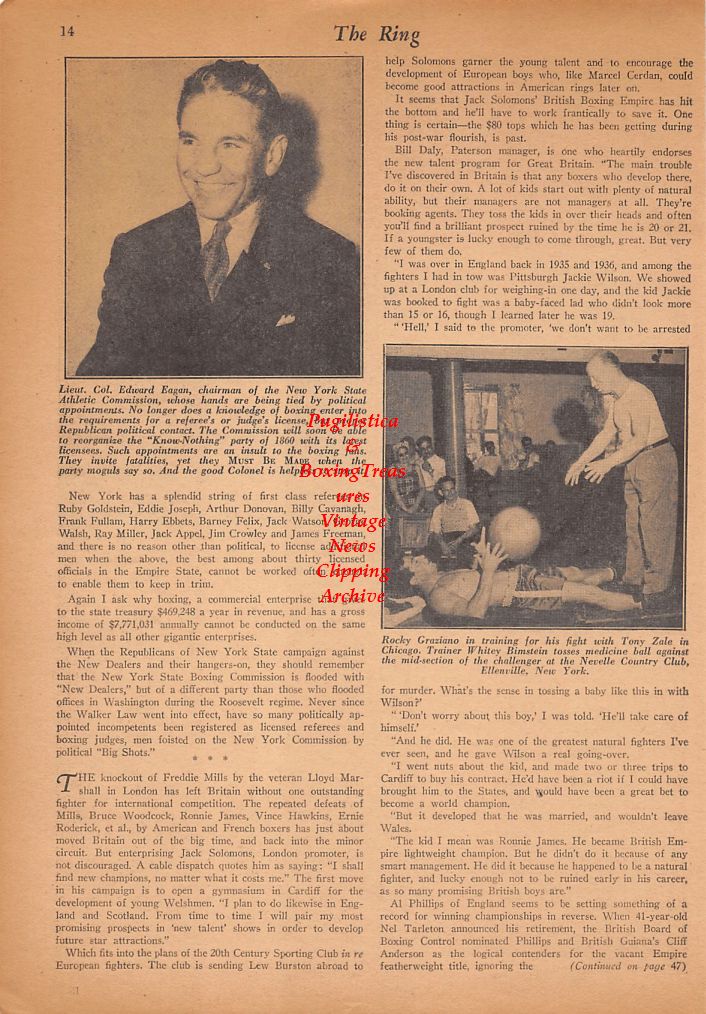 Boxing News Clipping #458 - Chuck Hunter vs. Artie Levine, Jimmy Carollo vs. Tami Mauriello, Eddie Eagan, Rocky Graziano, Whitey Bimstein