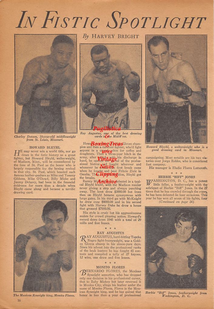 Boxing News Clipping #459 - Charley Dotson, Ray Augustus, Howard Bleyhl, Monito Flores, Herbie Jones, Rocky Graziano vs. Tony Zale