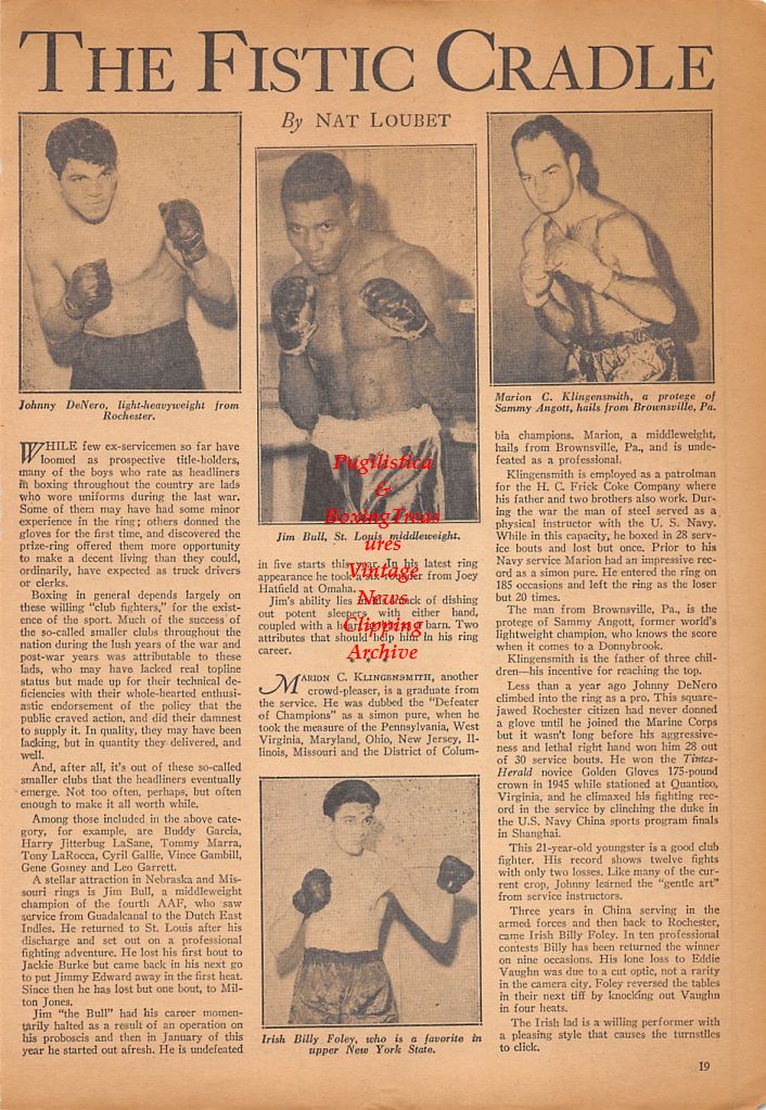 Boxing News Clipping #461 - Johnny DeNero, Jim Bull, Marion C. Klingensmith, Billy Foley, Primo Carnera