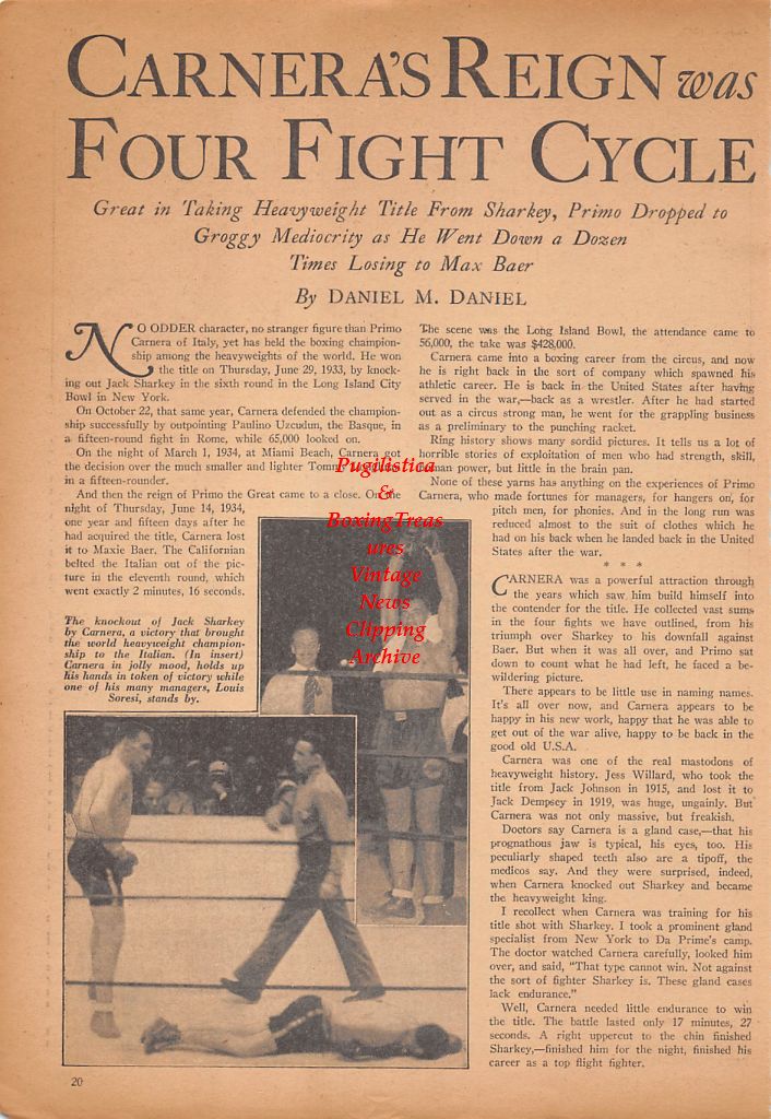 Boxing News Clipping #461 - Johnny DeNero, Jim Bull, Marion C. Klingensmith, Billy Foley, Primo Carnera