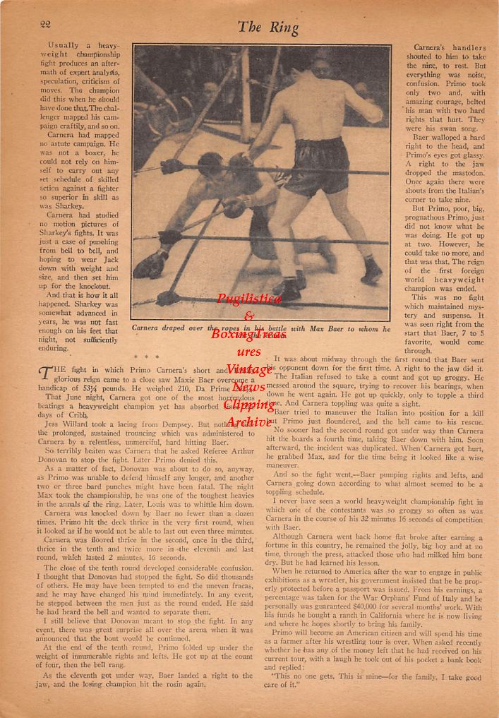 Boxing News Clipping #462 - Primo Carnera, Leon See, Max Baer