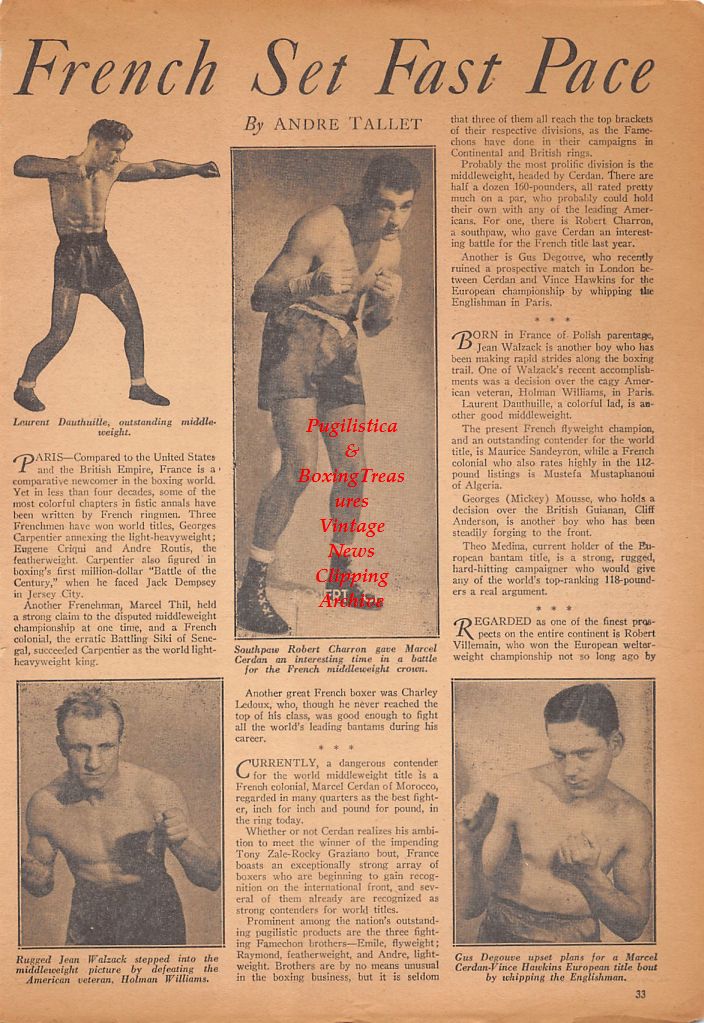 Boxing News Clipping #465 - Laurent Dauthuille, Robert Charron, Jean Walzack, Gus Degouve