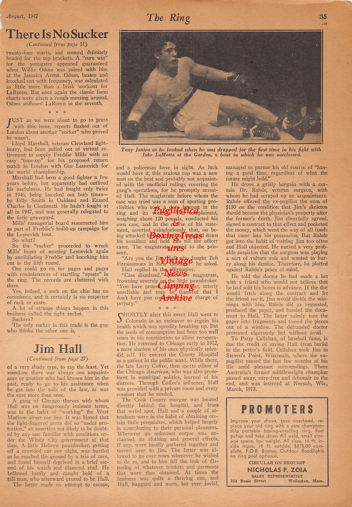 Boxing News Clipping #467 - Tony Janiro dropped by Jake LaMotta