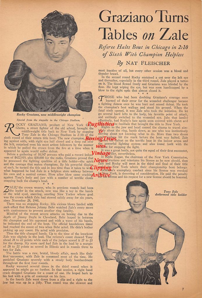 Boxing News Clipping #472 - Rocky Graziano vs. Tony Zale, Battling Nelson, Aurelio Herrera