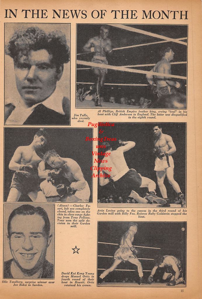 Boxing News Clipping #476 - Jim Tully, Al Phillips vs. Cliff Anderson, Charley Fusari vs. Tony Pellone, Artie Levine vs. Billy Box, Olle Tadberg, David Kui Kong Young vs. Manuel Ortiz