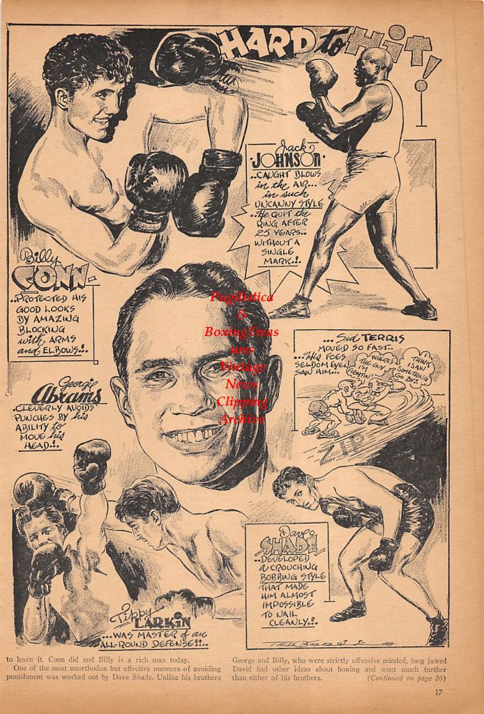 Boxing News Clipping #477 - Ted Carroll Cartoon with Jack Johnson, Billy Conn, Georgie Abrams, Dave Shade, Tippy Larkin