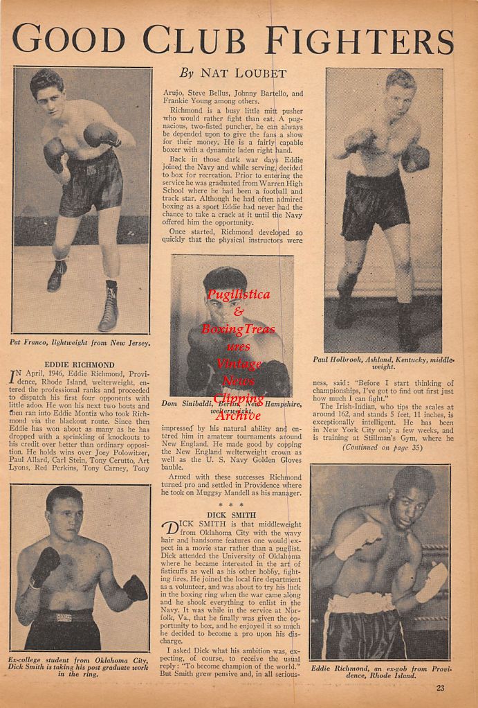 Boxing News Clipping #479 - Pat Franco, Dom Sinibaldi, Paul Holbrook, Dick Smith, Eddie Richmond, Ignacio Ara, Kid Frattini, Stephane Olek