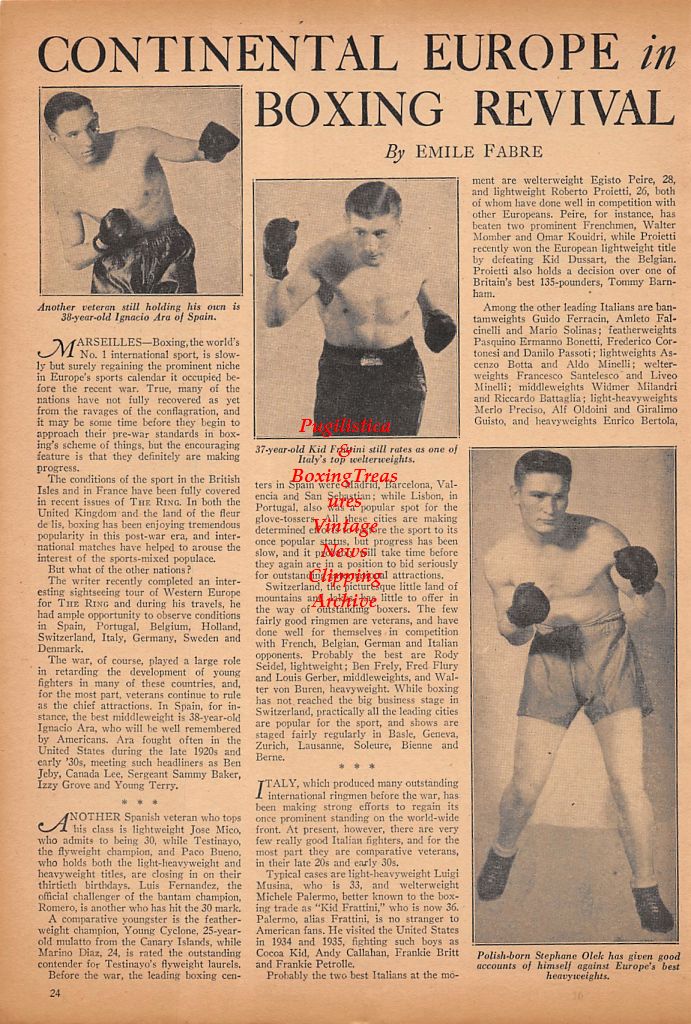 Boxing News Clipping #479 - Pat Franco, Dom Sinibaldi, Paul Holbrook, Dick Smith, Eddie Richmond, Ignacio Ara, Kid Frattini, Stephane Olek