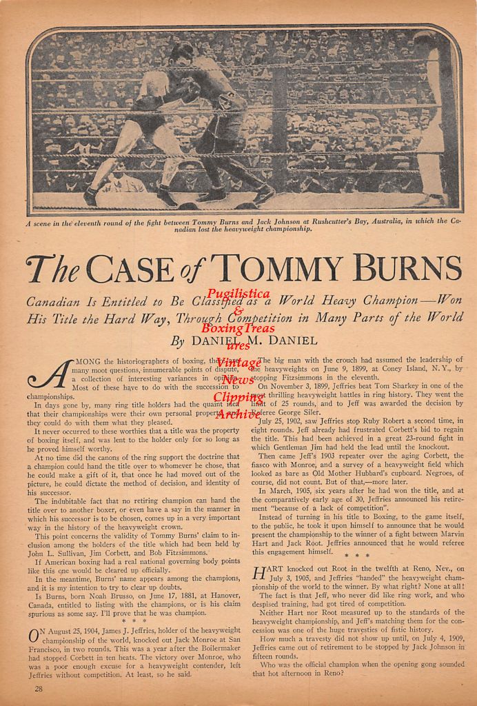 Boxing News Clipping #481 - Tommy Burns vs. Jack Johnson, Pee Wee Swingler, Al Jordan