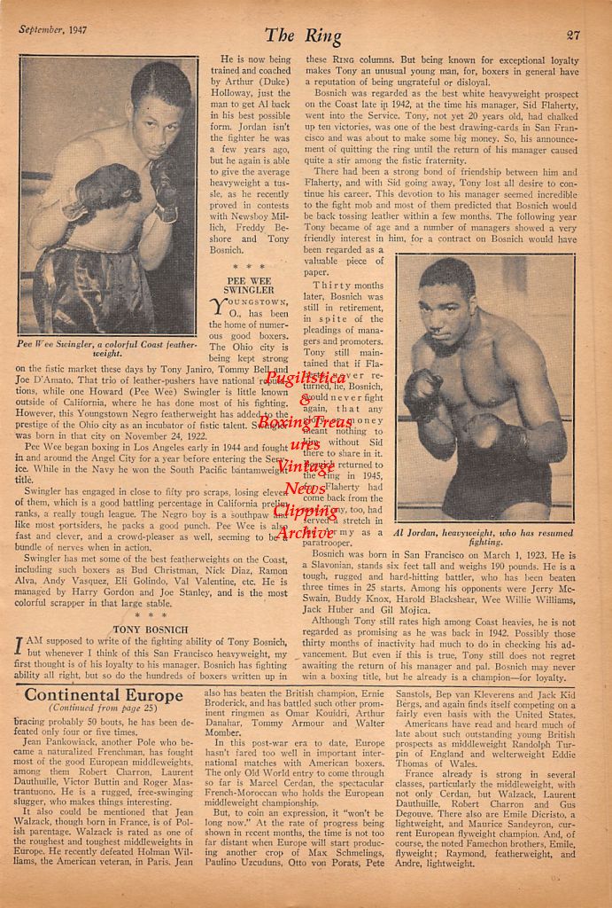 Boxing News Clipping #481 - Tommy Burns vs. Jack Johnson, Pee Wee Swingler, Al Jordan