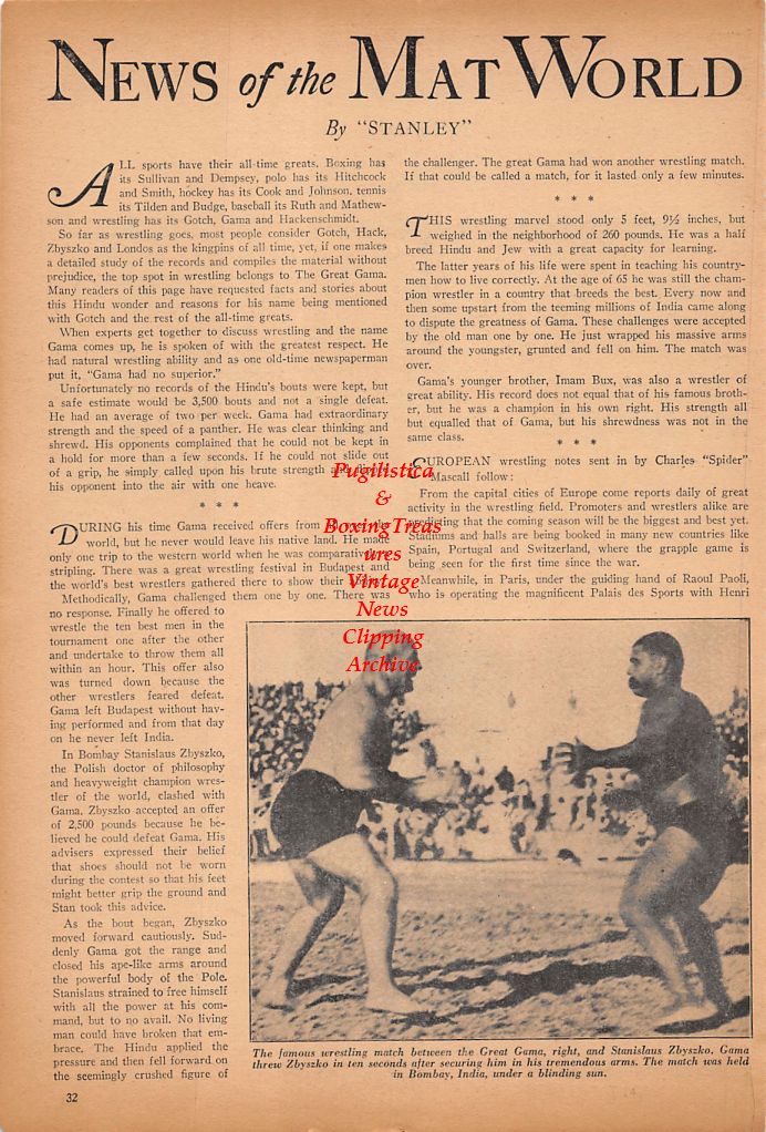 Boxing News Clipping #483 - Cliff Curvis, Bernie Murphy, Selwyn Evans, Stanislaus Zbyszko, Great Gama