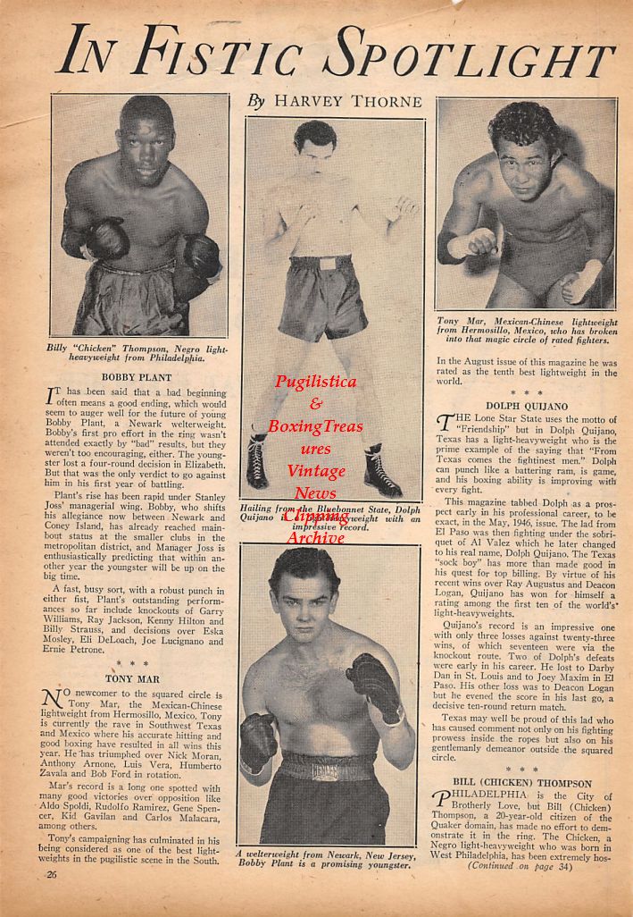 Boxing News Clipping #491 - Billy Thompson, Dolph Quijano, Tony Mar, Bobby Plant, Sockers In Sepia