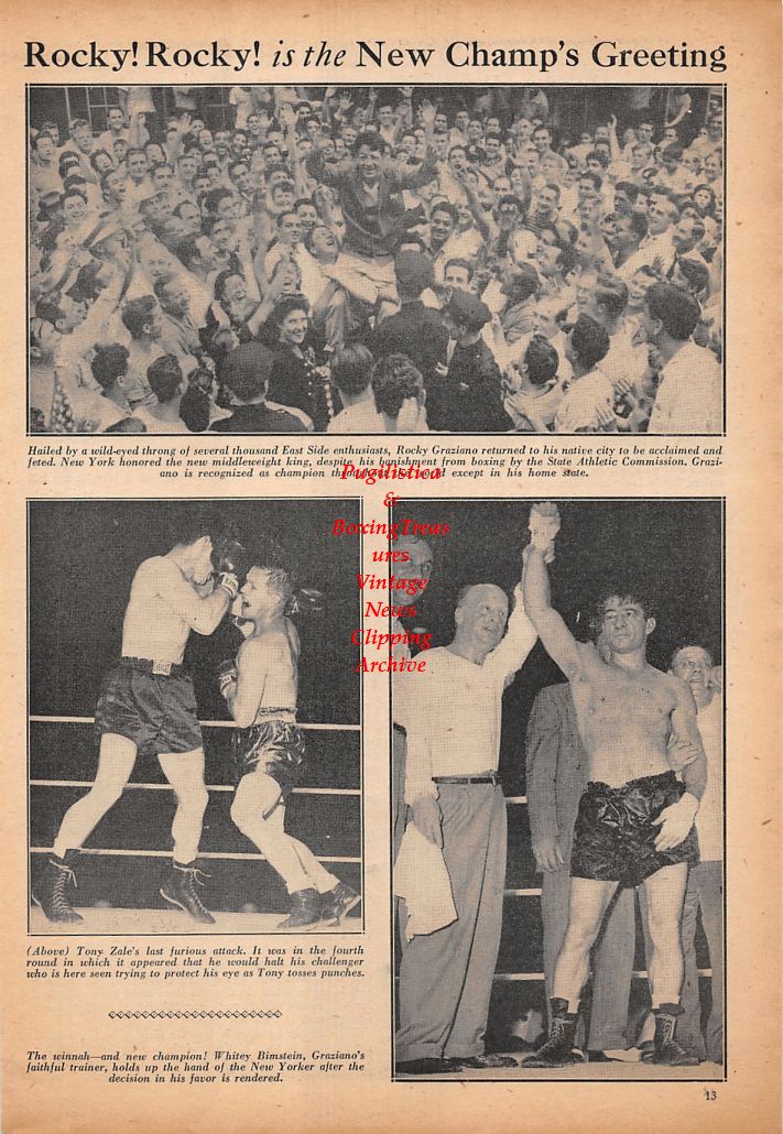 Boxing News Clipping #497 - Rocky Graziano vs. Tony Zale, Whitey Bimstein