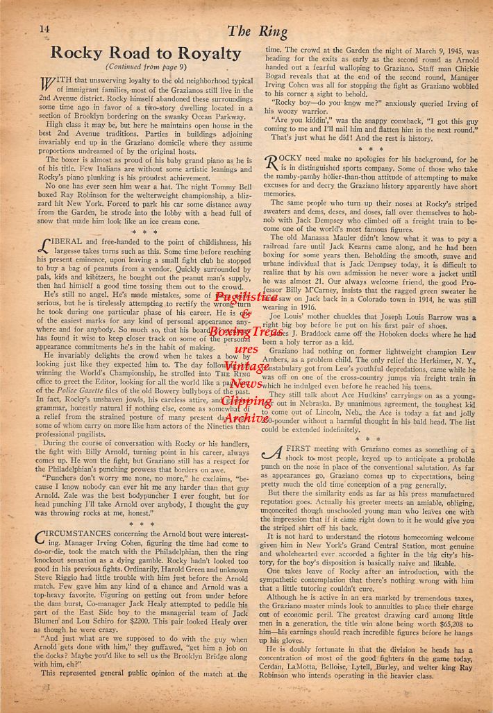 Boxing News Clipping #497 - Rocky Graziano vs. Tony Zale, Whitey Bimstein