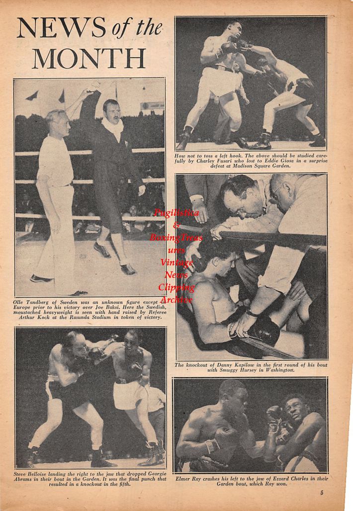 Boxing News Clipping #501 - Olle Tandberg, Charley Fusari vs. Eddie Giosa, Danny Kapilow, Elmer Ray vs. Ezzard Charles, Steve Belloise vs. Georgie Abrams, Jack Dempsey