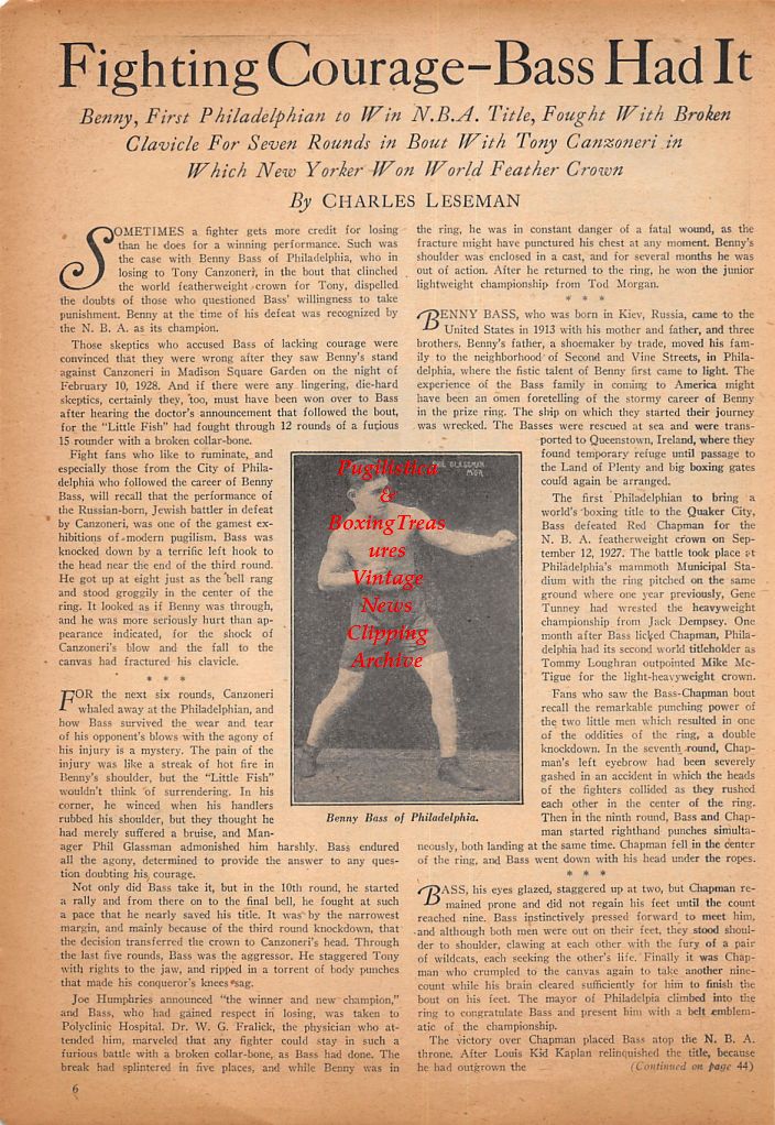 Boxing News Clipping #505 - Benny Bass, Sugar Ray Robinson, Gus Lesnevich, Willie Pep