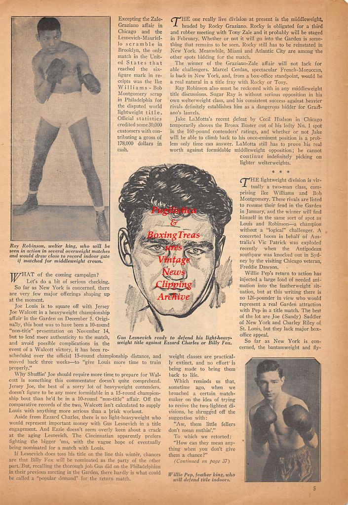 Boxing News Clipping #505 - Benny Bass, Sugar Ray Robinson, Gus Lesnevich, Willie Pep
