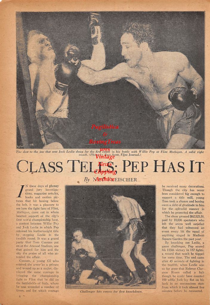 Boxing News Clipping #506 - Willie Pep vs. Jock Leslie, Sugar Ray Robinson vs. Flashy Sebastian, Ike Williams, Newton Smith vs. Sam Baroudi, Doe DeMartino vs. Charley Fusari, Ruben Shank vs. Fred Apostoli