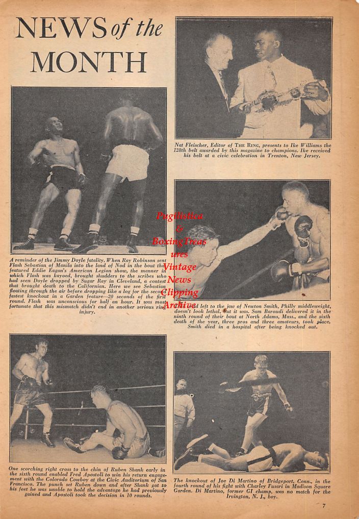 Boxing News Clipping #506 - Willie Pep vs. Jock Leslie, Sugar Ray Robinson vs. Flashy Sebastian, Ike Williams, Newton Smith vs. Sam Baroudi, Doe DeMartino vs. Charley Fusari, Ruben Shank vs. Fred Apostoli