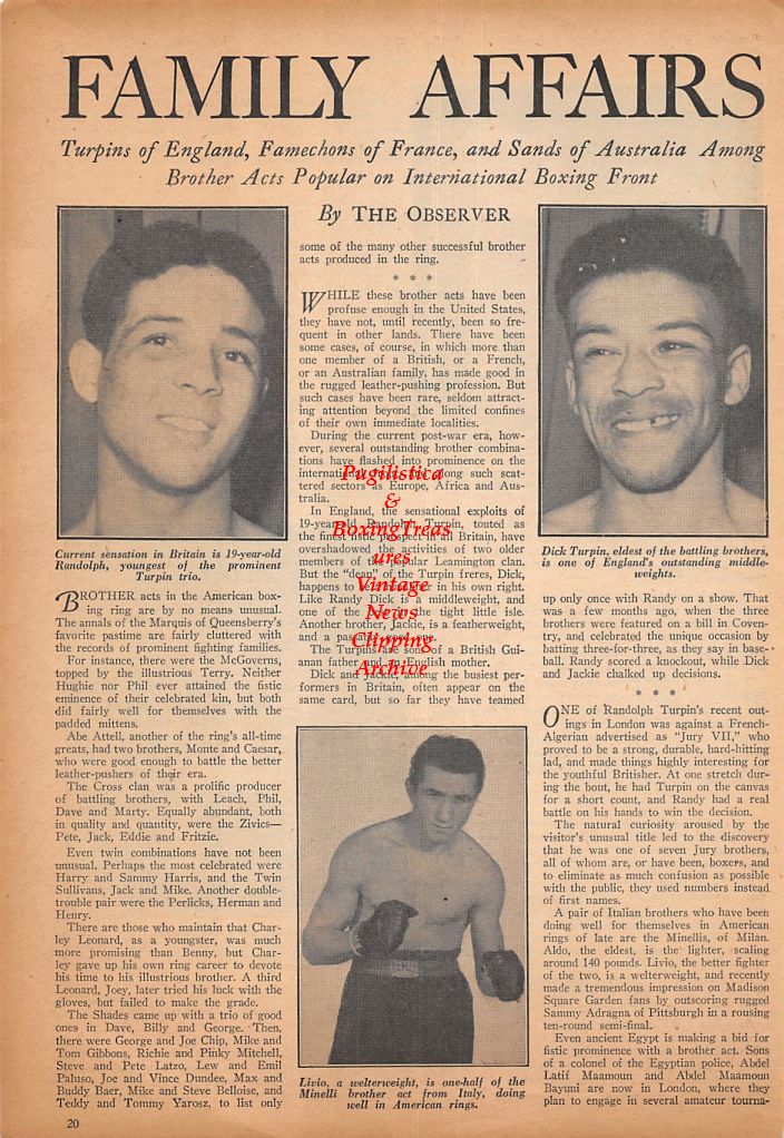 Boxing News Clipping #512 - Randy Turpin, Dick Turpin, Livio Minelli, Pete Mead vs. Herbie Kronowitz, Charles Caby Lewis vs. Talmadge Bussey
