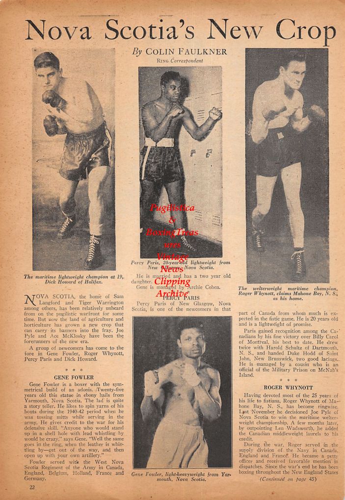 Boxing News Clipping #513 - Dick Howard, Percy Paris, Roger Whynott, Gene Fowler, The Sands Brothers of Australia, Ray Famechon