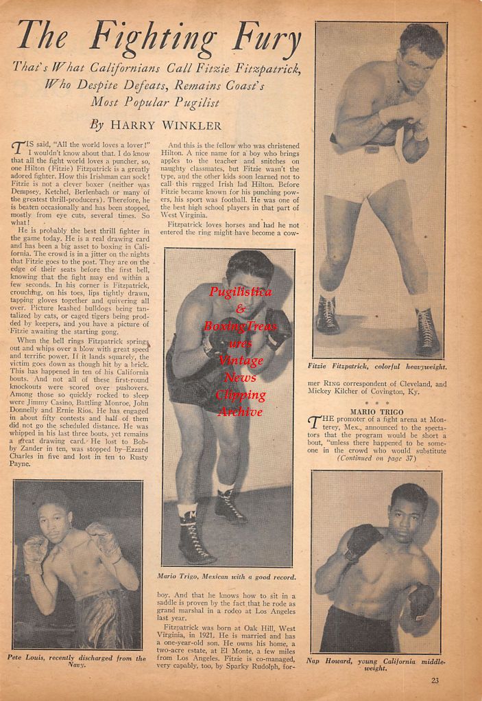 Boxing News Clipping #514 - Pete Louis, Mario Trigo, Fitzie Fitzpatrick, Nap Howard, Mike Collins, Tommy Gibbons