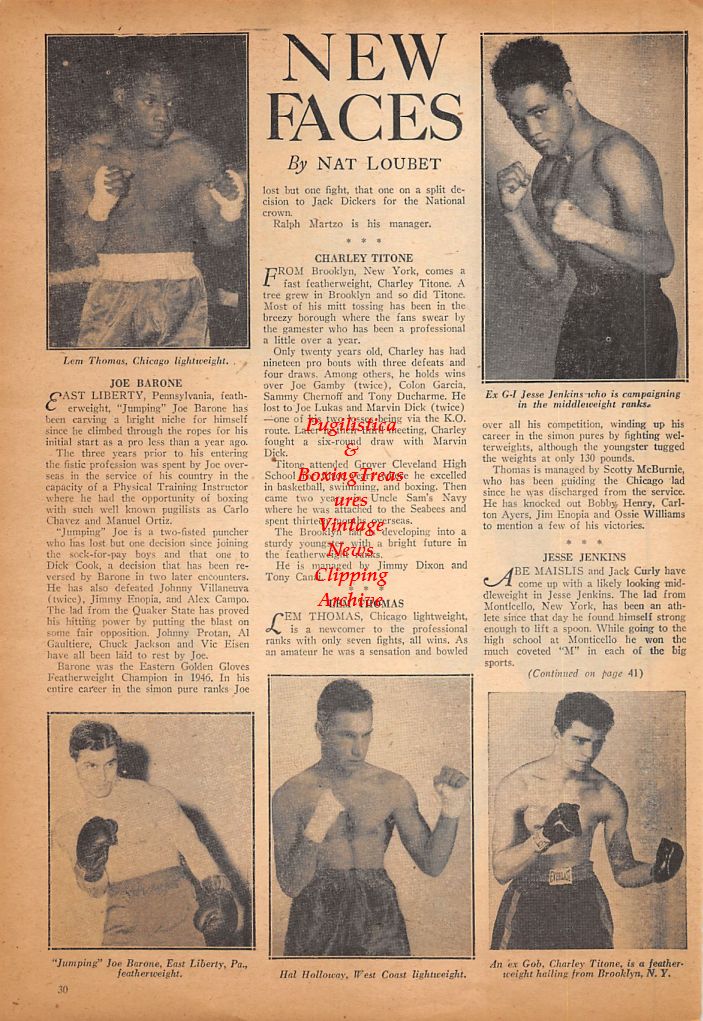 Boxing News Clipping #516 - Lem Thomas, Jesse Jenkins, Joe Barone, Hal Holloway, Charley Titone, Jim Londos, Jim Browning, Wladislaw Talun, Steve Casey