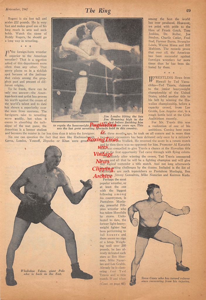Boxing News Clipping #516 - Lem Thomas, Jesse Jenkins, Joe Barone, Hal Holloway, Charley Titone, Jim Londos, Jim Browning, Wladislaw Talun, Steve Casey