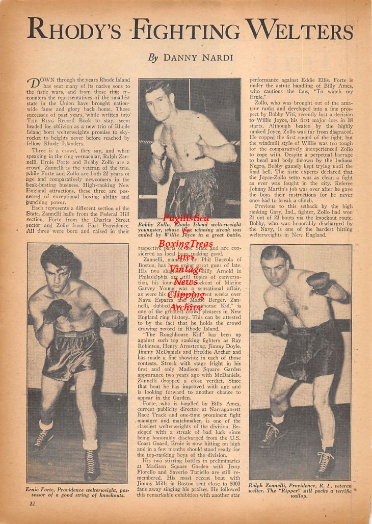 Boxing News Clipping #520 - Bobby Zollo, Ernie Forte, Ralph Zanelli, Tippy Larkin vs. Allie Stoltz