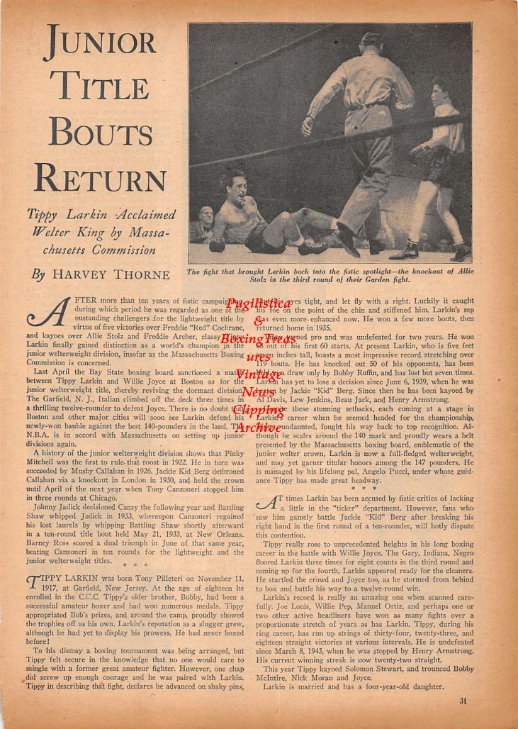 Boxing News Clipping #520 - Bobby Zollo, Ernie Forte, Ralph Zanelli, Tippy Larkin vs. Allie Stoltz
