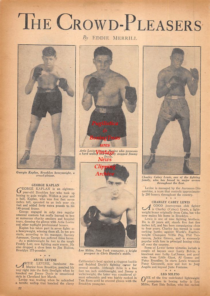 Boxing News Clipping #523 - George Kaplan, Artie Levine, Charley Cabey Lewis, Leo Milito, Pedro Hernandez, Chuck Taylor, Tommy Gomez