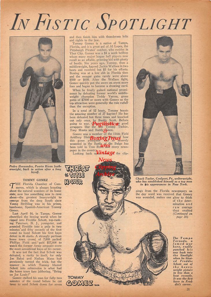 Boxing News Clipping #523 - George Kaplan, Artie Levine, Charley Cabey Lewis, Leo Milito, Pedro Hernandez, Chuck Taylor, Tommy Gomez