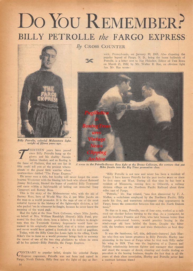 Boxing News Clipping #527 - Billy Petrolle, Barney Ross, Tami Mauriello