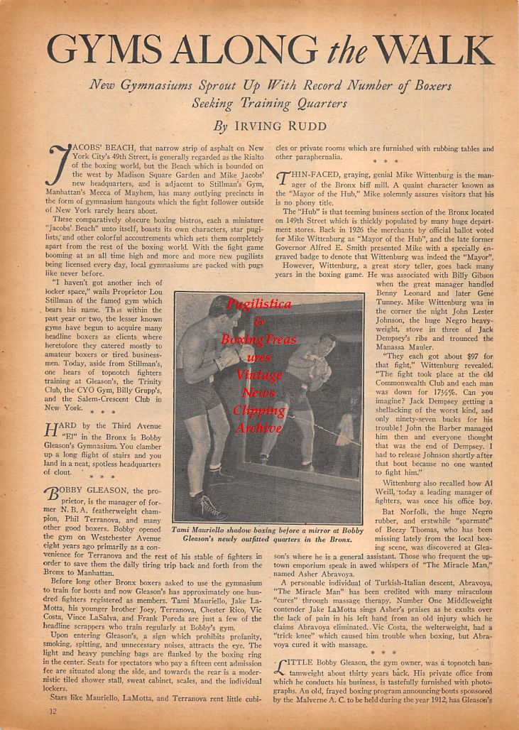 Boxing News Clipping #528 - Tami Mauriello, Gleason's Gym, Bob Montgomery vs. Allie Stolz