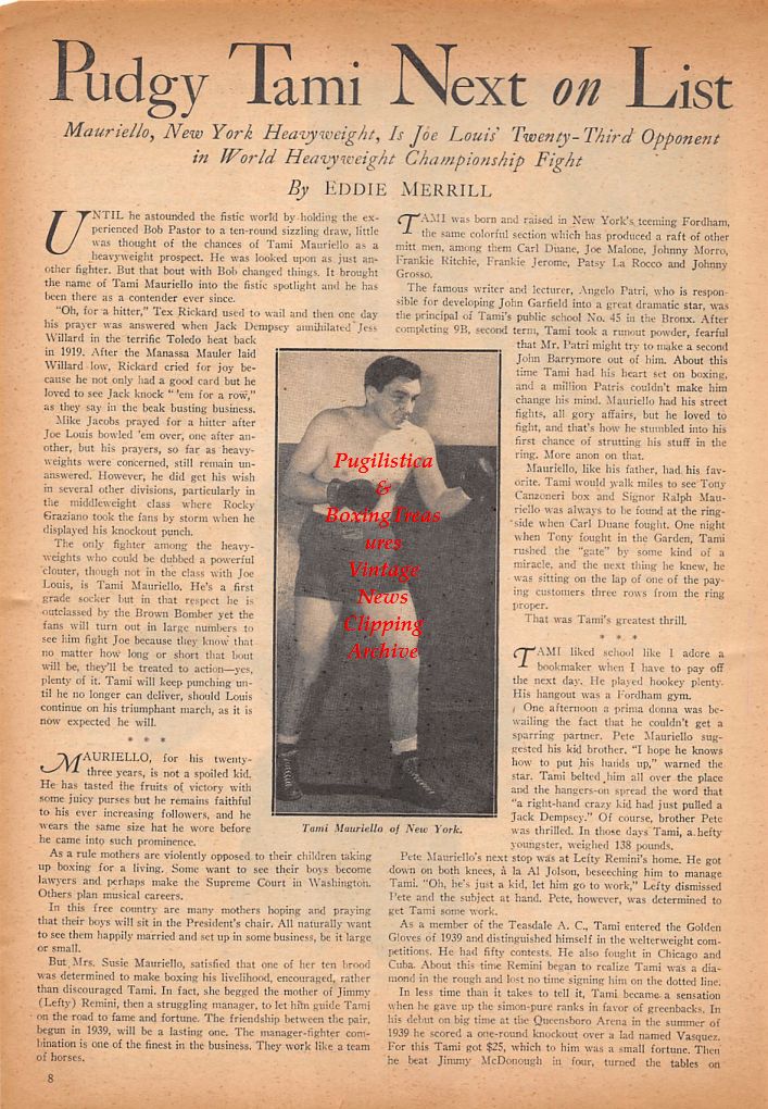 Boxing News Clipping #536 - Tami Mauriello, Joe Louis, Tony Galento, Tony Musto