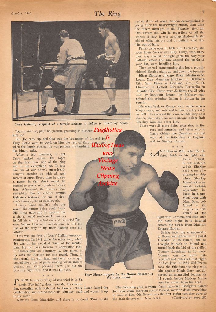 Boxing News Clipping #536 - Tami Mauriello, Joe Louis, Tony Galento, Tony Musto