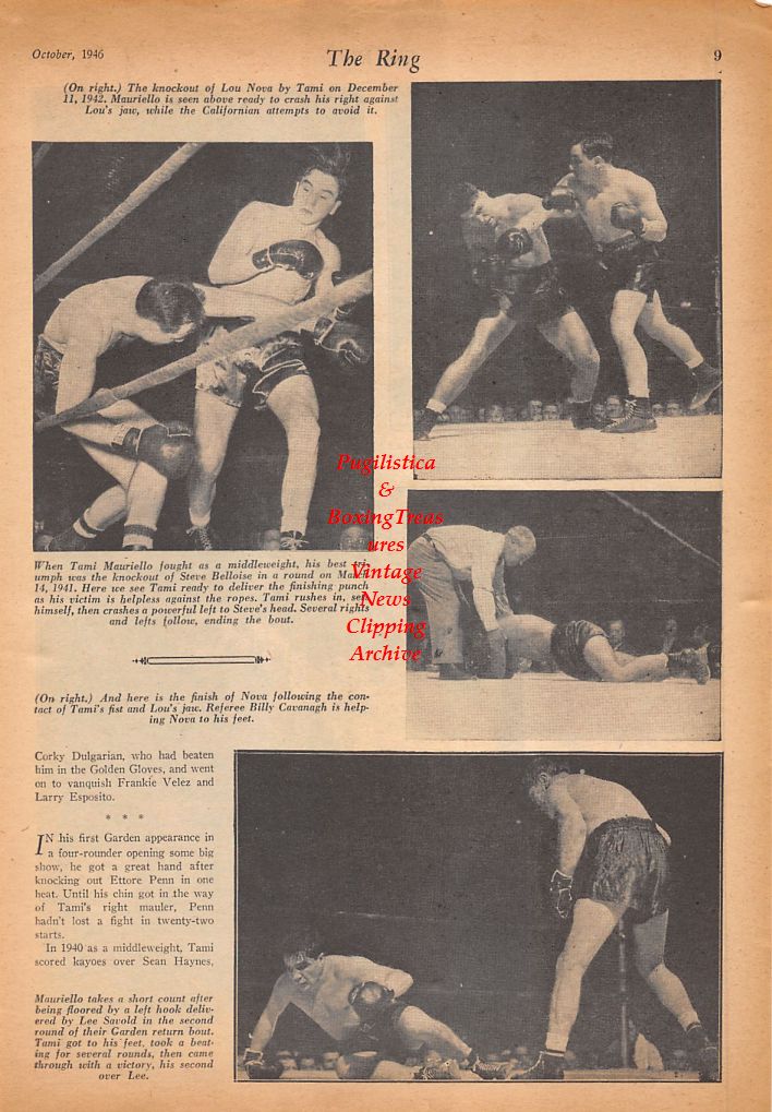 Boxing News Clipping #537 - Tami Mauriello vs. Various Opponents, Bruce Woodcock, Lee Savold, John Thomas, Lee Oma, Lou Nova, Steve Belloise