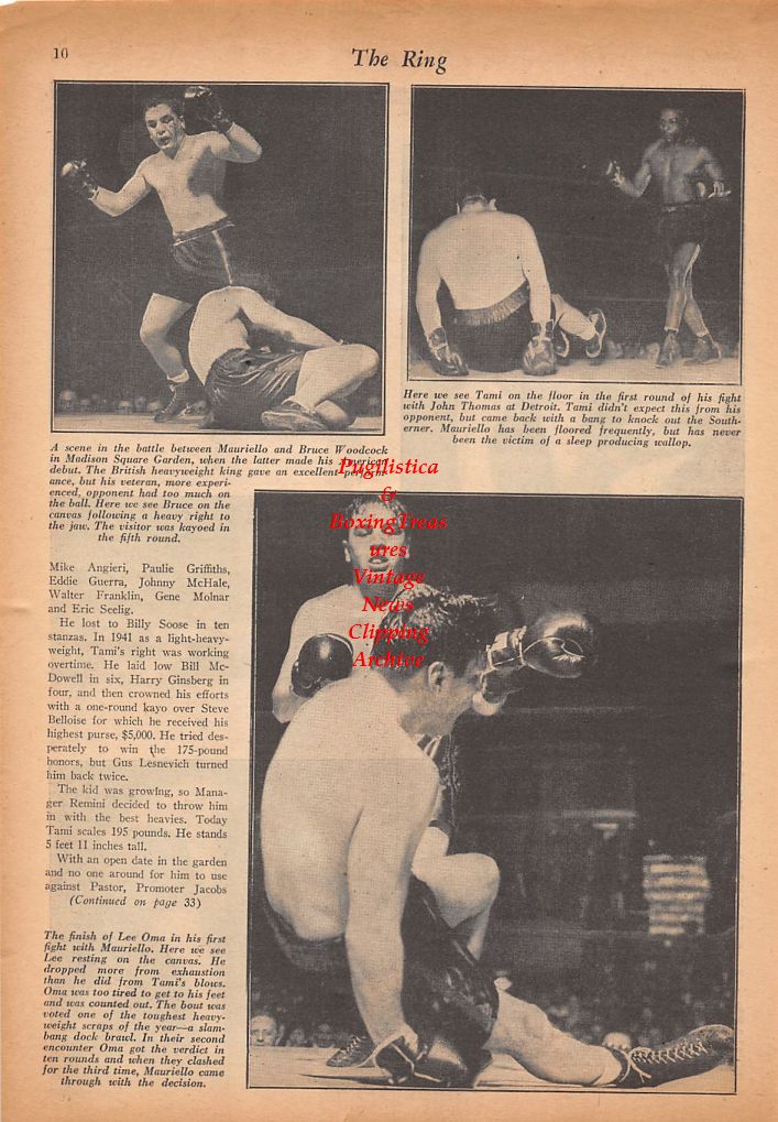 Boxing News Clipping #537 - Tami Mauriello vs. Various Opponents, Bruce Woodcock, Lee Savold, John Thomas, Lee Oma, Lou Nova, Steve Belloise