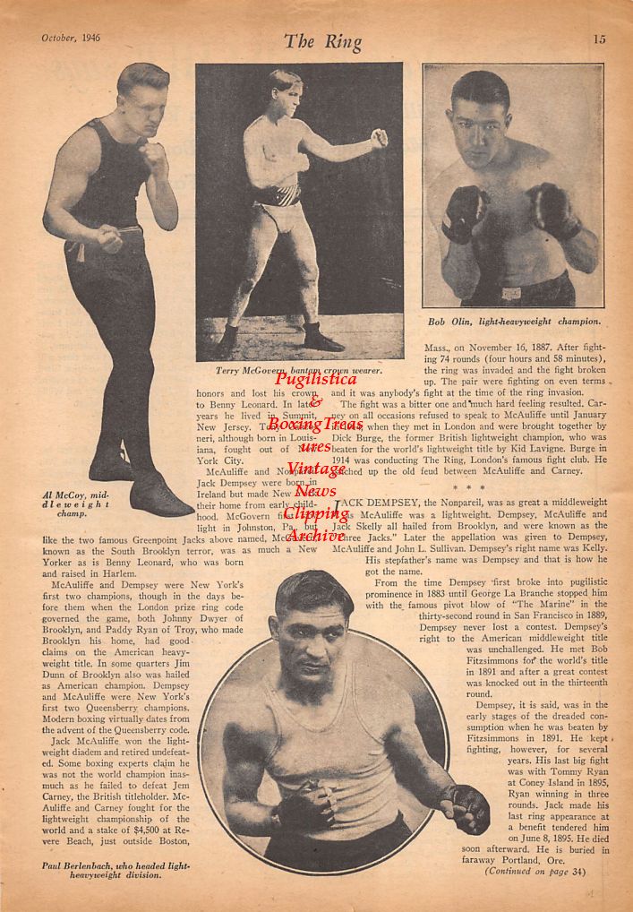 Boxing News Clipping #540 - Al McCoy, Terry McGovern, Bob Olin, Paul Berlenbach