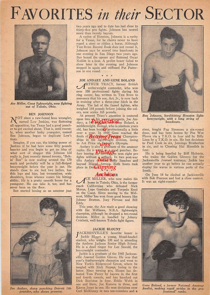Boxing News Clipping #545 - Ace Miller, Ben Johnson, Joe Andary, Gene Boland, Ted Kid Lewis