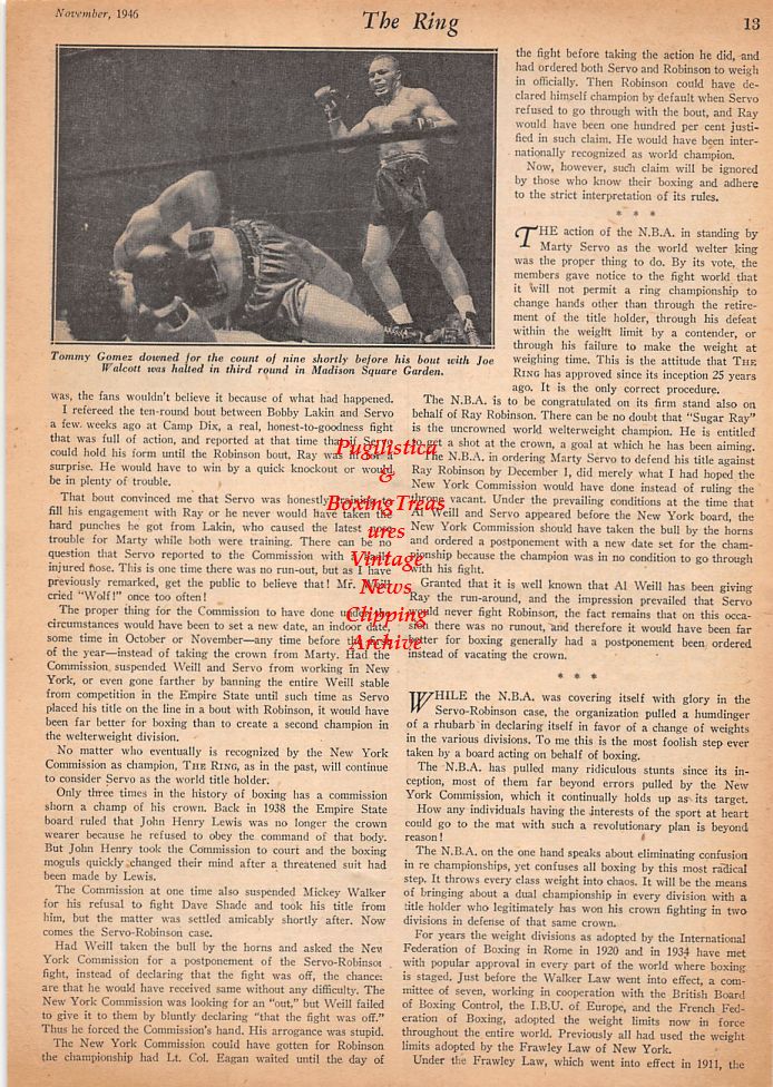 Boxing News Clipping #549 - Tommy Gomez vs. Jersey Joe Walcott, Lee Savold vs. Elmer Ray