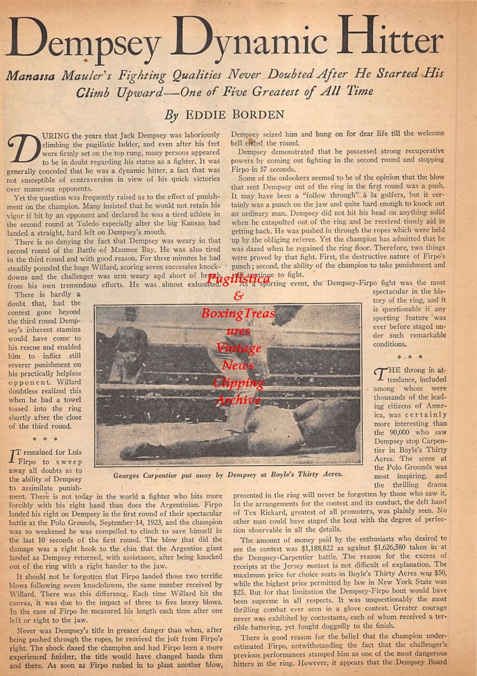 Boxing News Clipping #551 - Jack Dempsey vs. Georges Carpentier, John L. Sullivan vs. Jake Kilrain