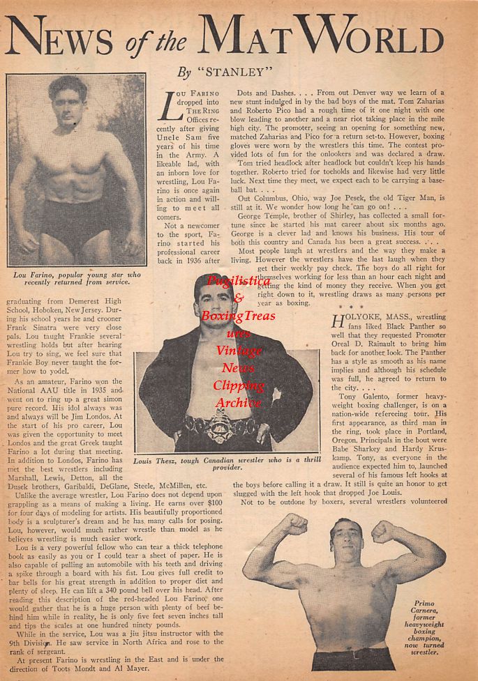 Boxing News Clipping #556 - Don Ehrlich, Richie Schiavone, John McNutt, Pete Mead, Tony Elizondo, Primo Carnera, Lou Thesz, Lou Farino