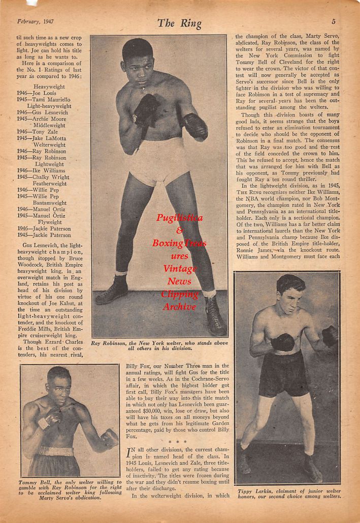 Boxing News Clipping #561 - Sugar Ray Robinson, Tommy Bell, Tippy Larkin, Tami Mauriello, Elmer Ray, Curtis Sheppard