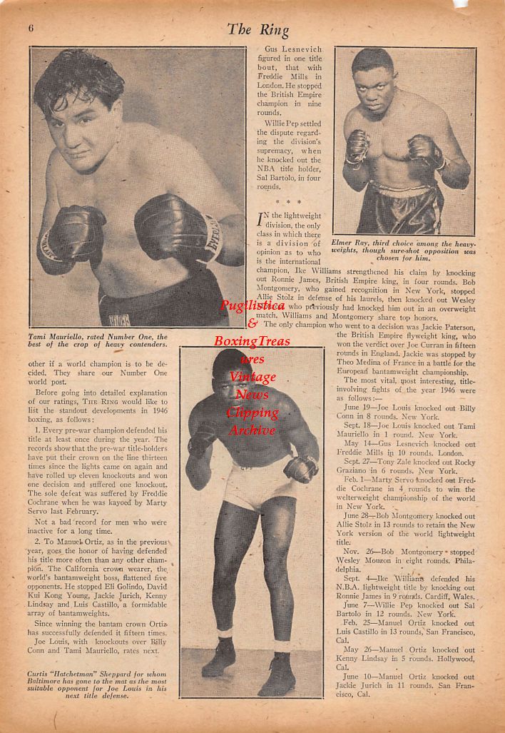 Boxing News Clipping #561 - Sugar Ray Robinson, Tommy Bell, Tippy Larkin, Tami Mauriello, Elmer Ray, Curtis Sheppard