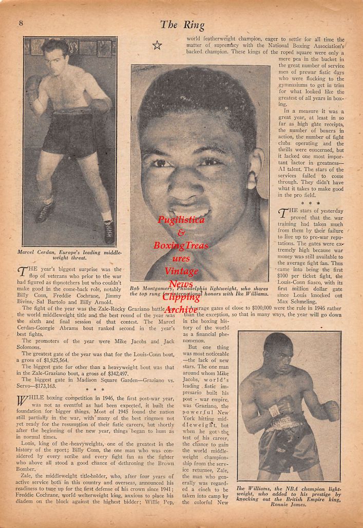 Boxing News Clipping #562 - Marcel Cerdan, Bob Montgomery, Ike Williams, Bruce Woodcock, Freddie Mills