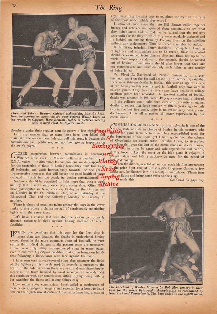 Boxing News Clipping #567 - Johnny Bratton vs. Willie Joyce, Wesley Mouzon vs. Bob Montgomery, Artie Levine vs. Sugar Ray Robinson