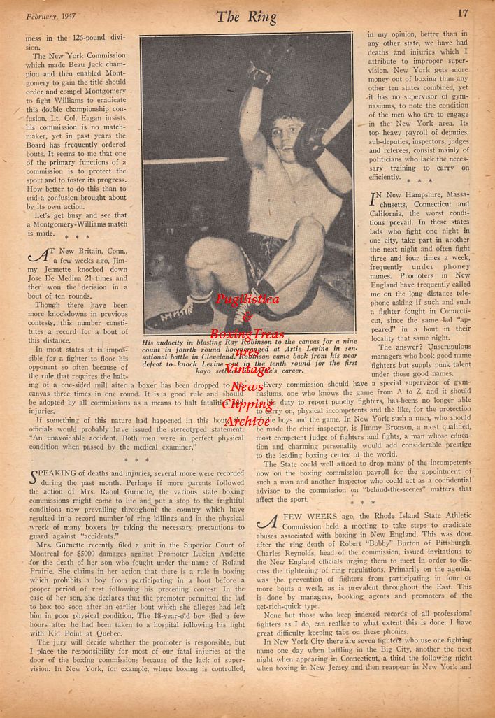 Boxing News Clipping #567 - Johnny Bratton vs. Willie Joyce, Wesley Mouzon vs. Bob Montgomery, Artie Levine vs. Sugar Ray Robinson