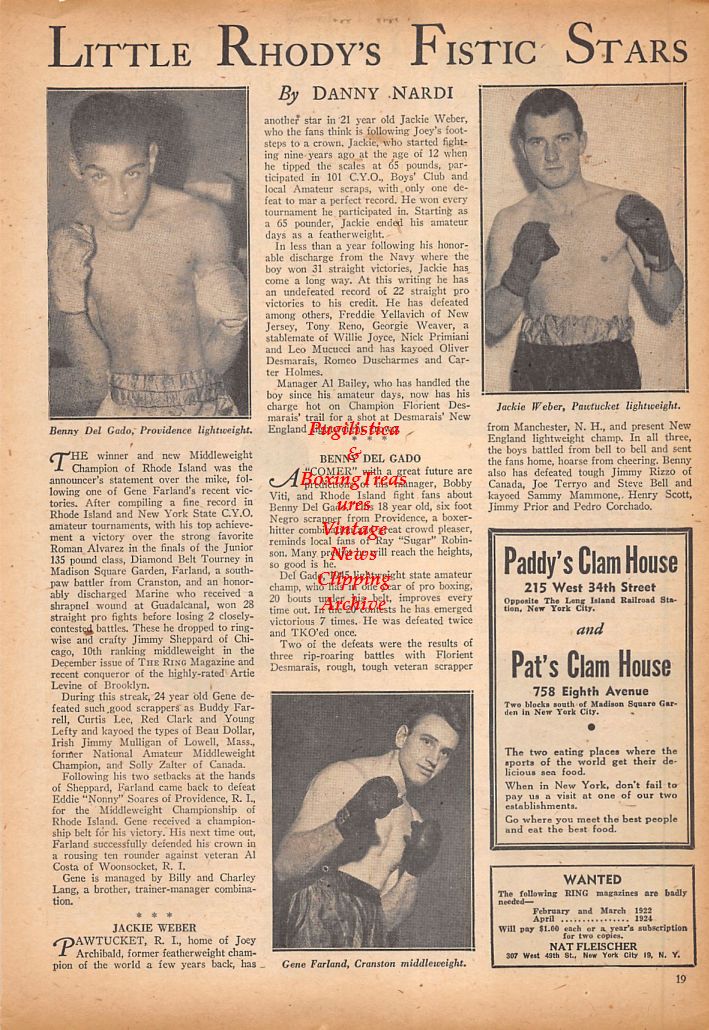 Boxing News Clipping #568 - Benny Delgado, Jackie Weber, Gene Farland, Tiger Jack Fox, Nel Tarleton, Fred Apostoli
